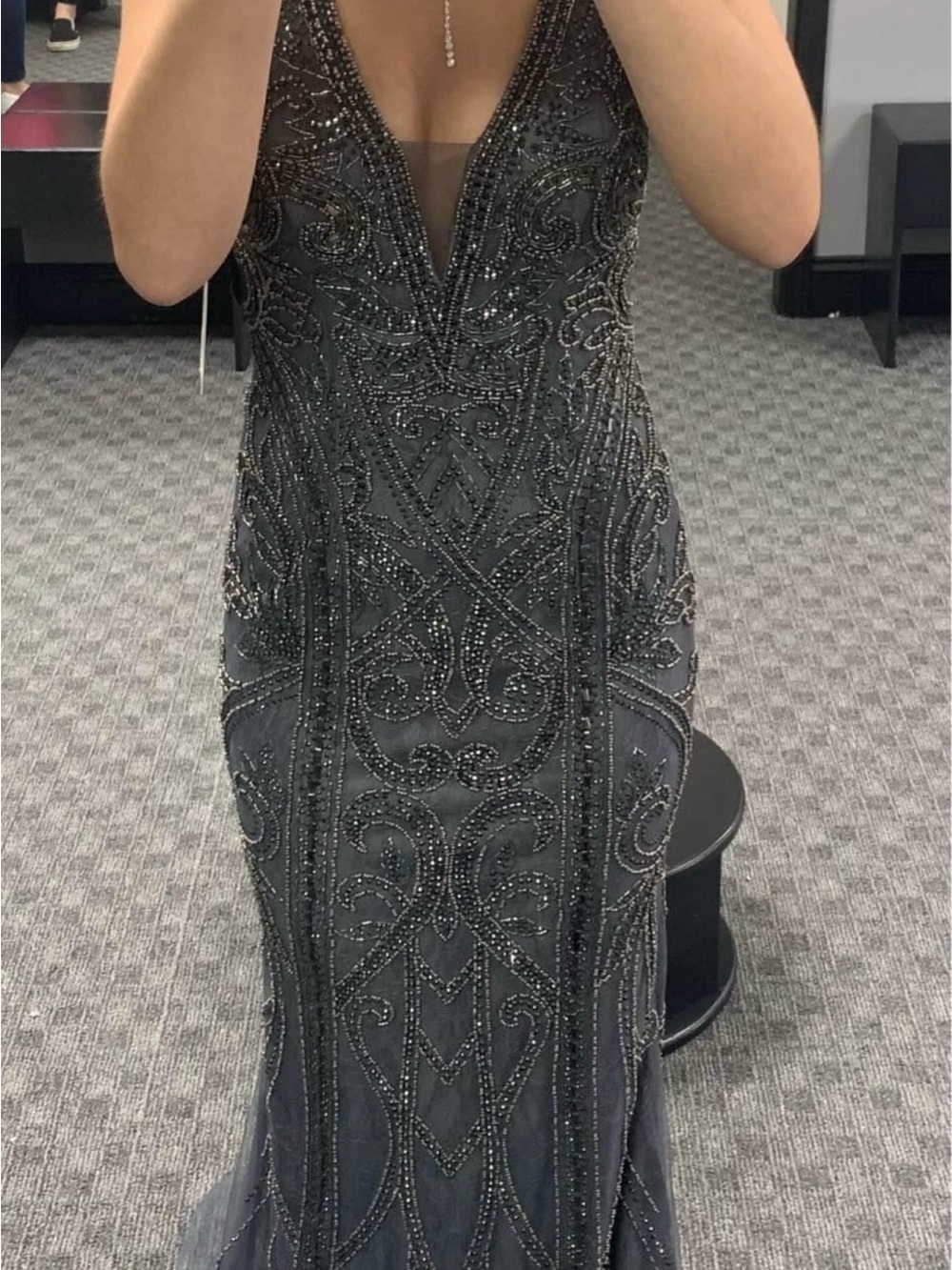 Beaded Plunge Neck Black Evening Gown